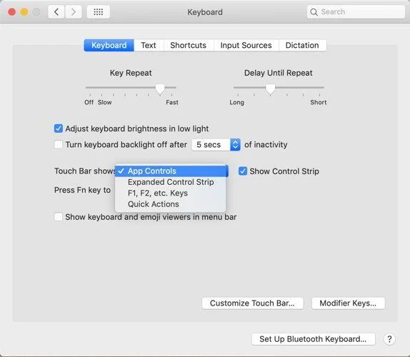 macOS键盘偏好设置中的触摸栏设置