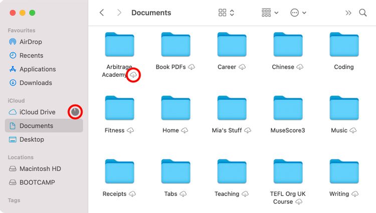 Finder中的iCloud Drive下载图标和加载圆圈