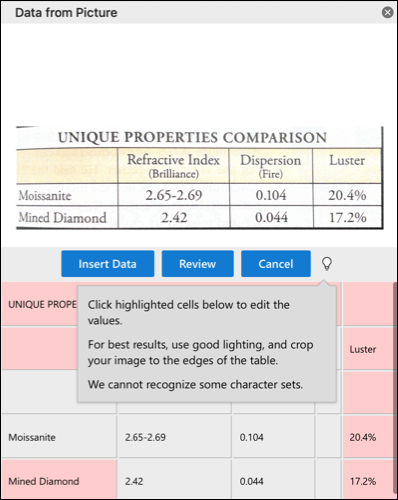 Excel 中图片侧栏中的数据