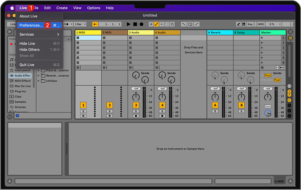 打开Ableton Live软件的偏好设置窗口