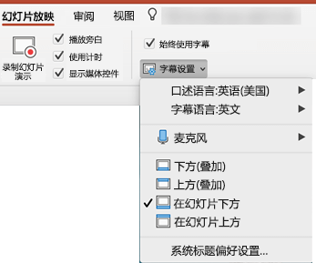 设置字幕和字幕的幻灯片放映选项卡上PowerPoint。