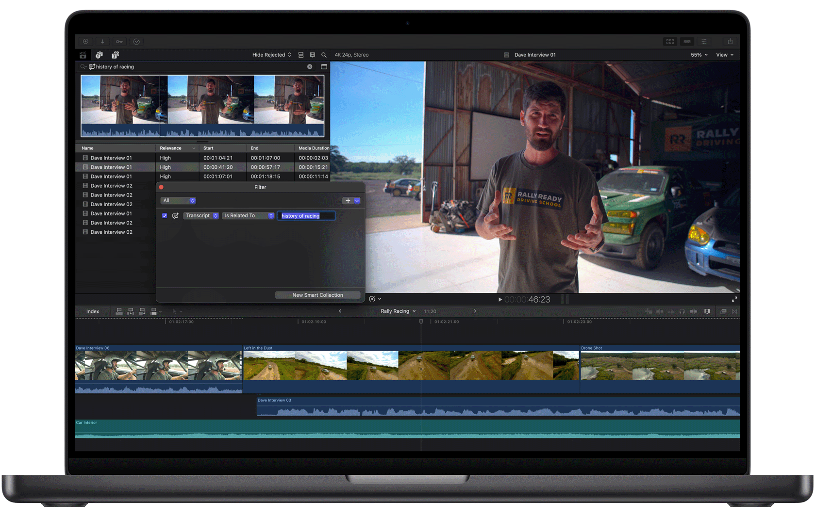 深空黑色 MacBook Pro 上显示Final Cut Pro 的听写文本搜索功能。