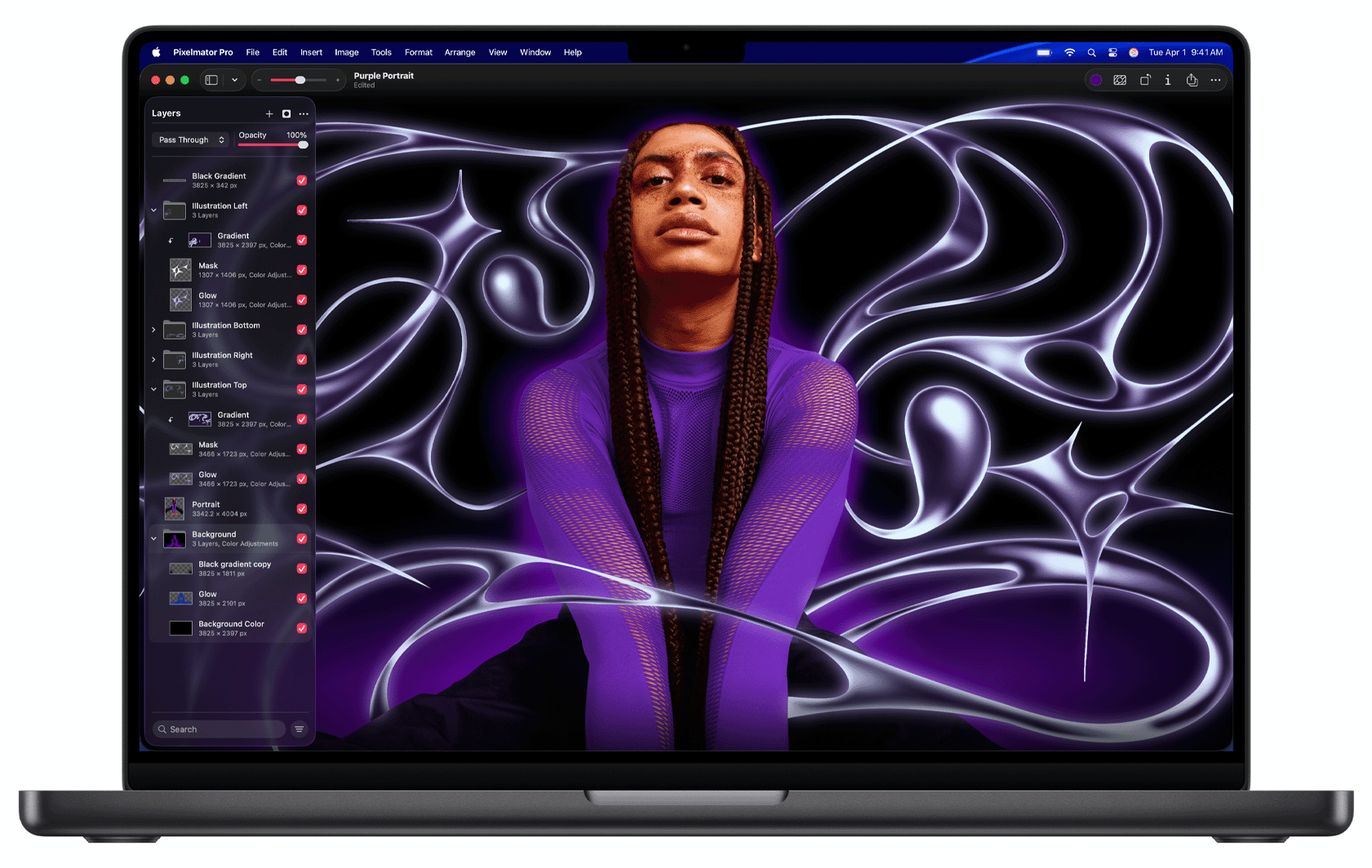 MacBook Pro 上显示着 Pixelmator Pro 中的一幅图片
