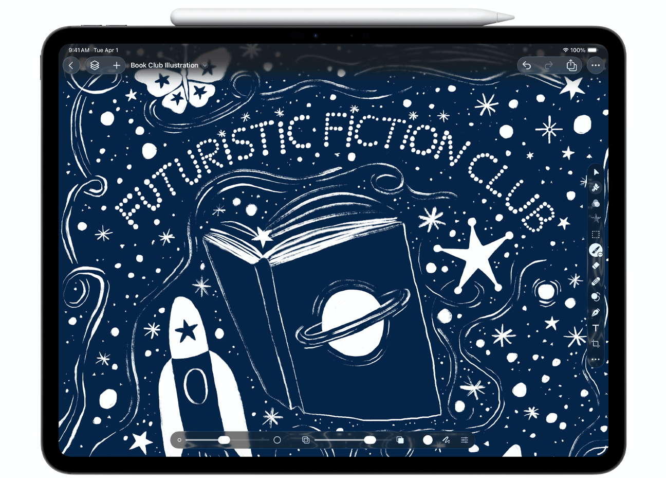 吸附着 Apple Pencil 的 iPad Pro 上显示着 Pixelmator Pro 中的项目。